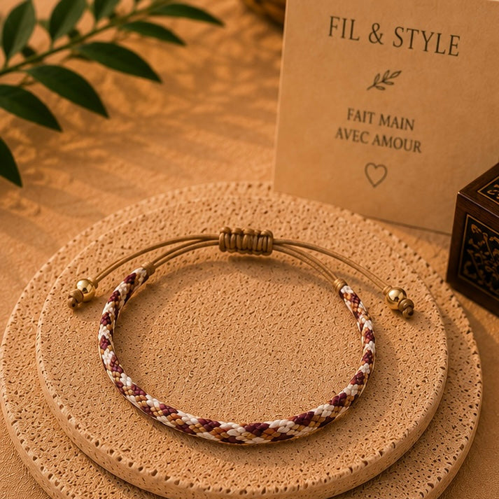 Bracelet tressé Bordeaux, Beige & Doré