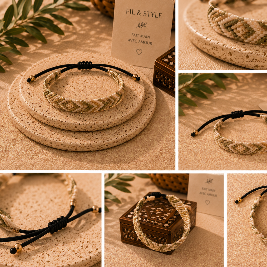 Bracelet tressé vert , or et blanc
