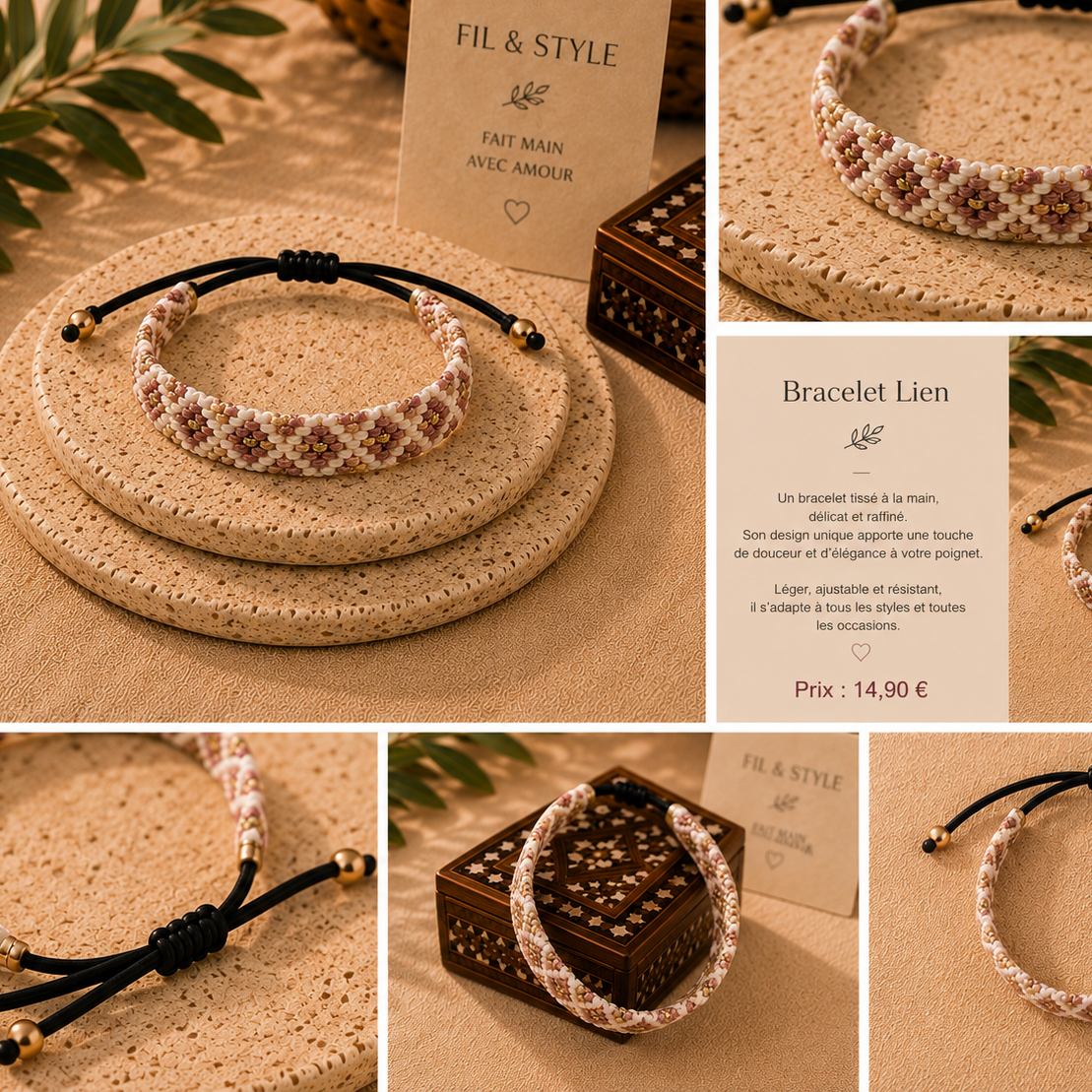 Bracelet tressé or , blanc et marron