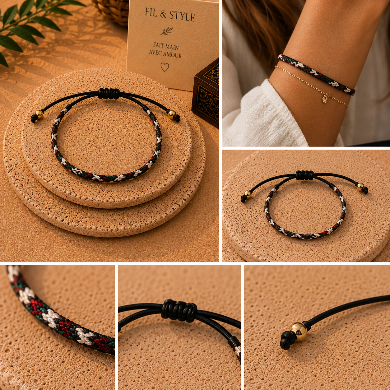 Bracelet tressé Noir, Rouge, Vert & Blanc