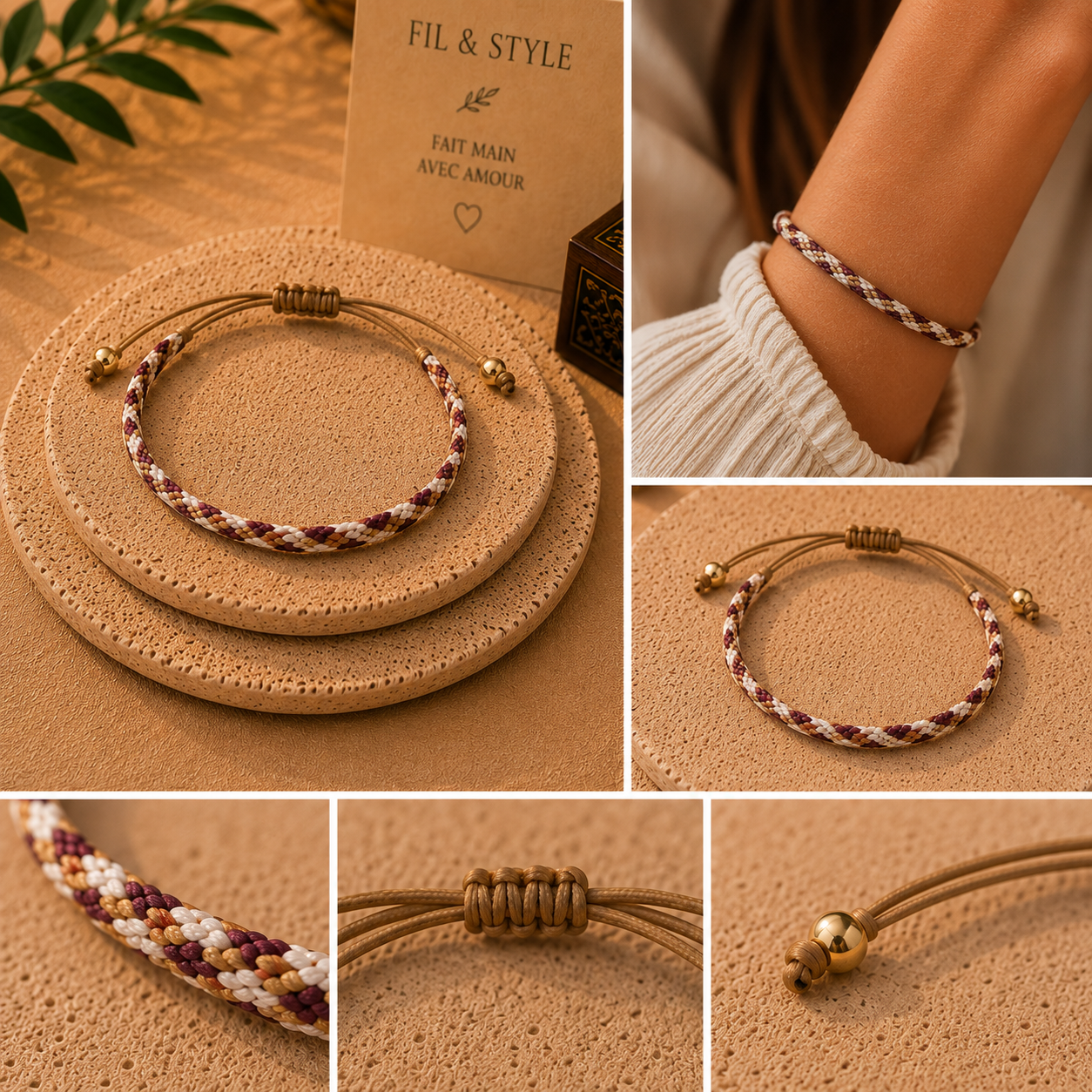 Bracelet tressé Bordeaux, Beige & Doré