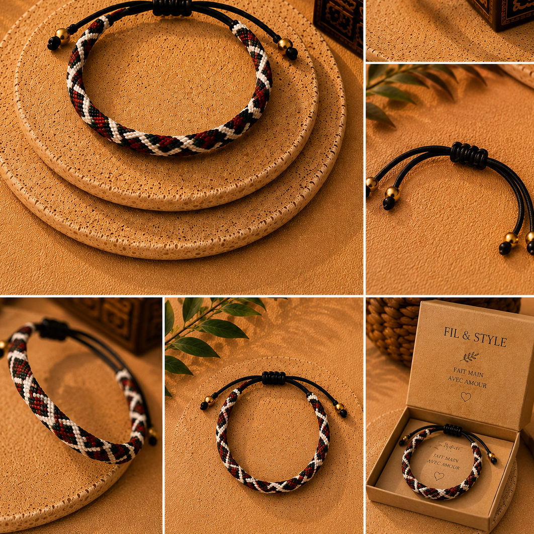 Bracelet Homme Tressé – Noir, Rouge & Vert