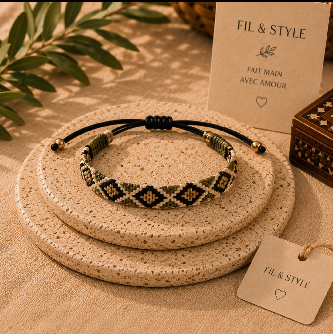 Bracelet tressé vert crème