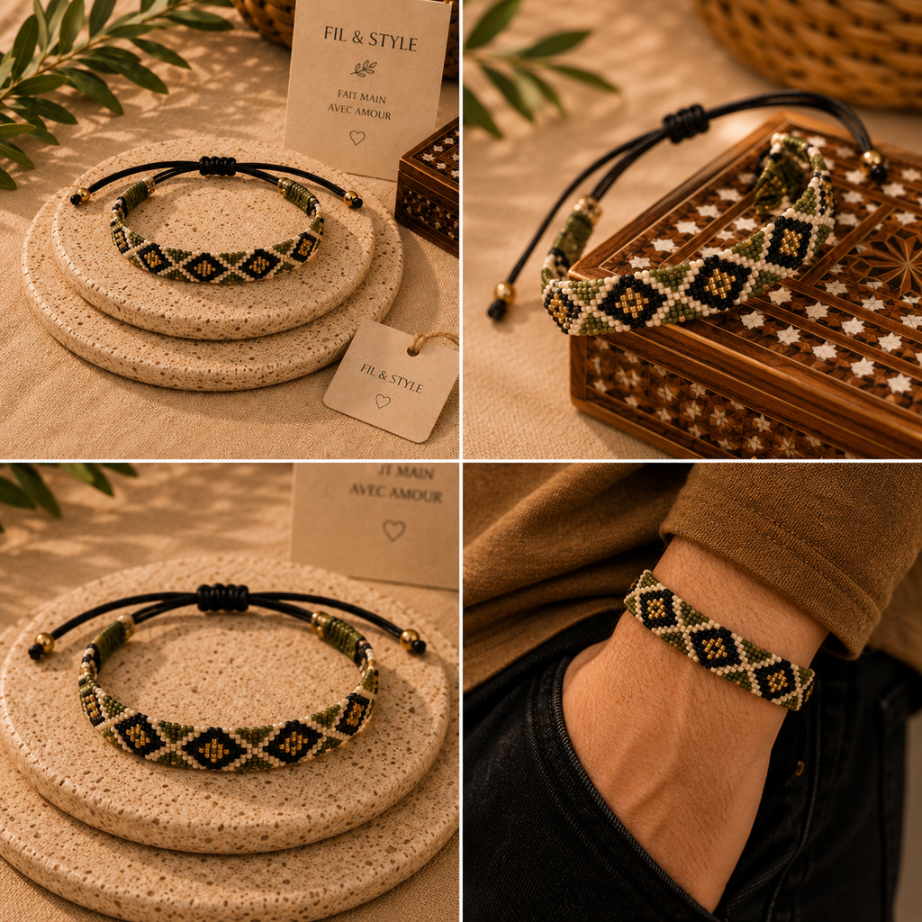 Bracelet tressé vert crème
